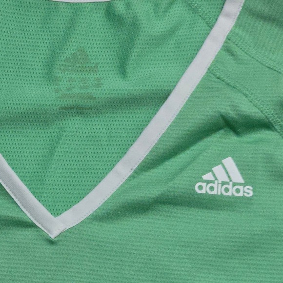 Adidas Womens Green V-Neck Short Sleeve Activewear Mesh Top Three Stripe M-L - Picture 2 of 7